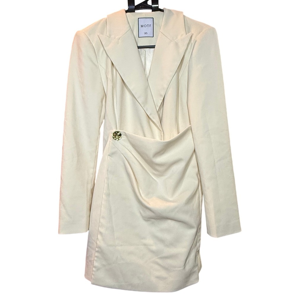 MOTF Premium Cream Ivory Blazer Dress Long Sleeve Jewel Button Wrap Mini XS